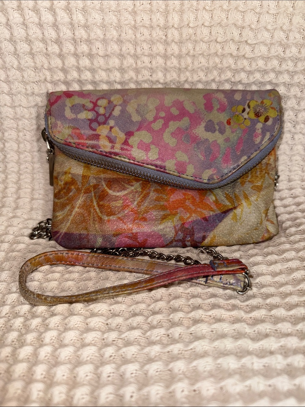 HOBO Multicolor Floral Leather Wristlet in Pink, Purple, Yellow and Tan